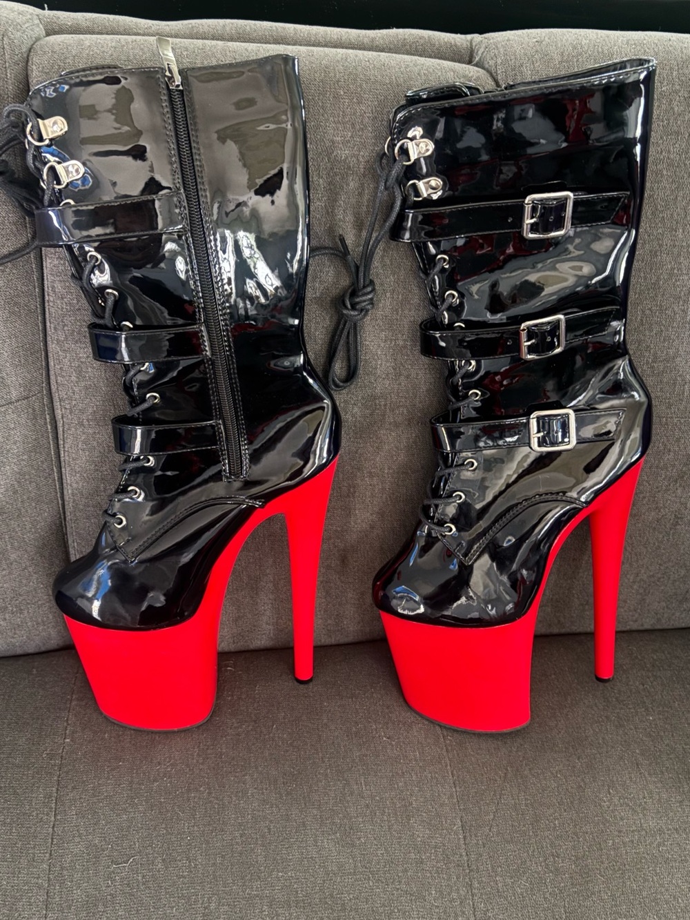 Black Patent Lace-Up Ankle Boots with Red Platform — Women's Heeled Boots